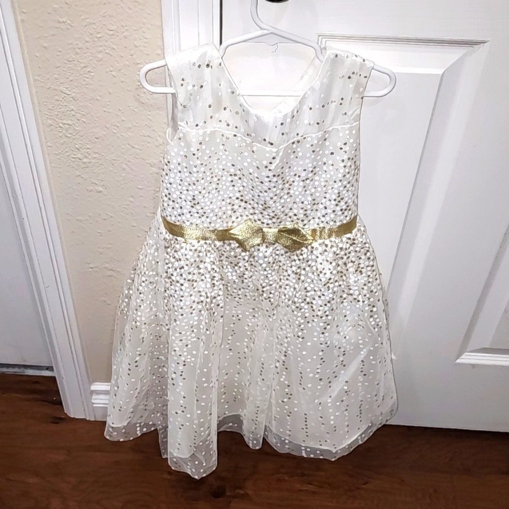 Jona Michelle, sparkly, white, fluffy dress, gold accents, girls size 6,